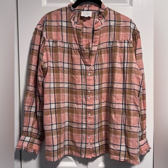 sundays Tops - Sundays Pink/Green Plaid V Neck Button Down Long Sleeved Top